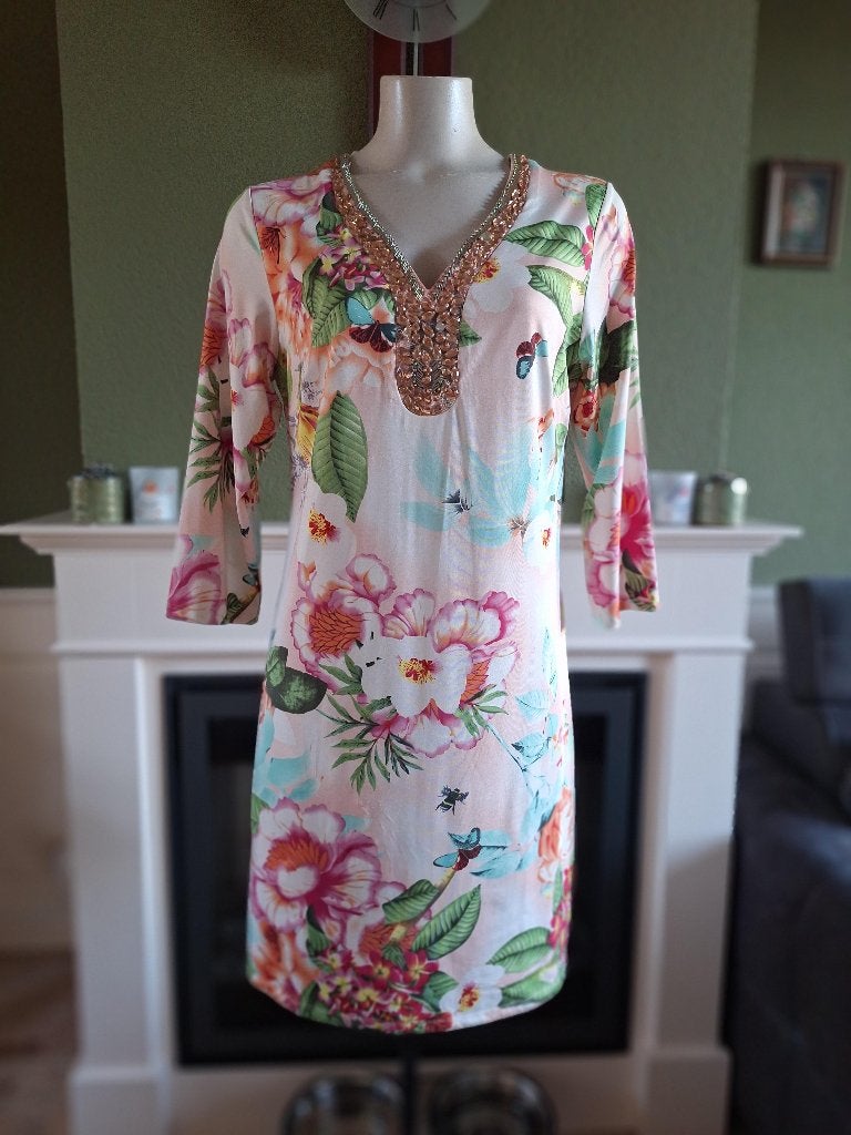K-Design K design zacht oranje bloemen jurk M, Kleding | Dames, Maat 38/40 (M), K-design, Knielengte, Gedragen
