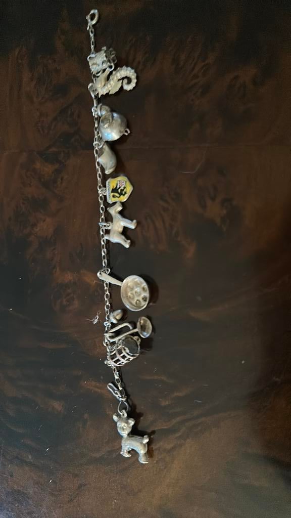 Vintage zilveren armband met 11 bedels, Sieraden, Tassen en Uiterlijk, Armbanden, Ophalen of Verzenden, Gebruikt, Zilver