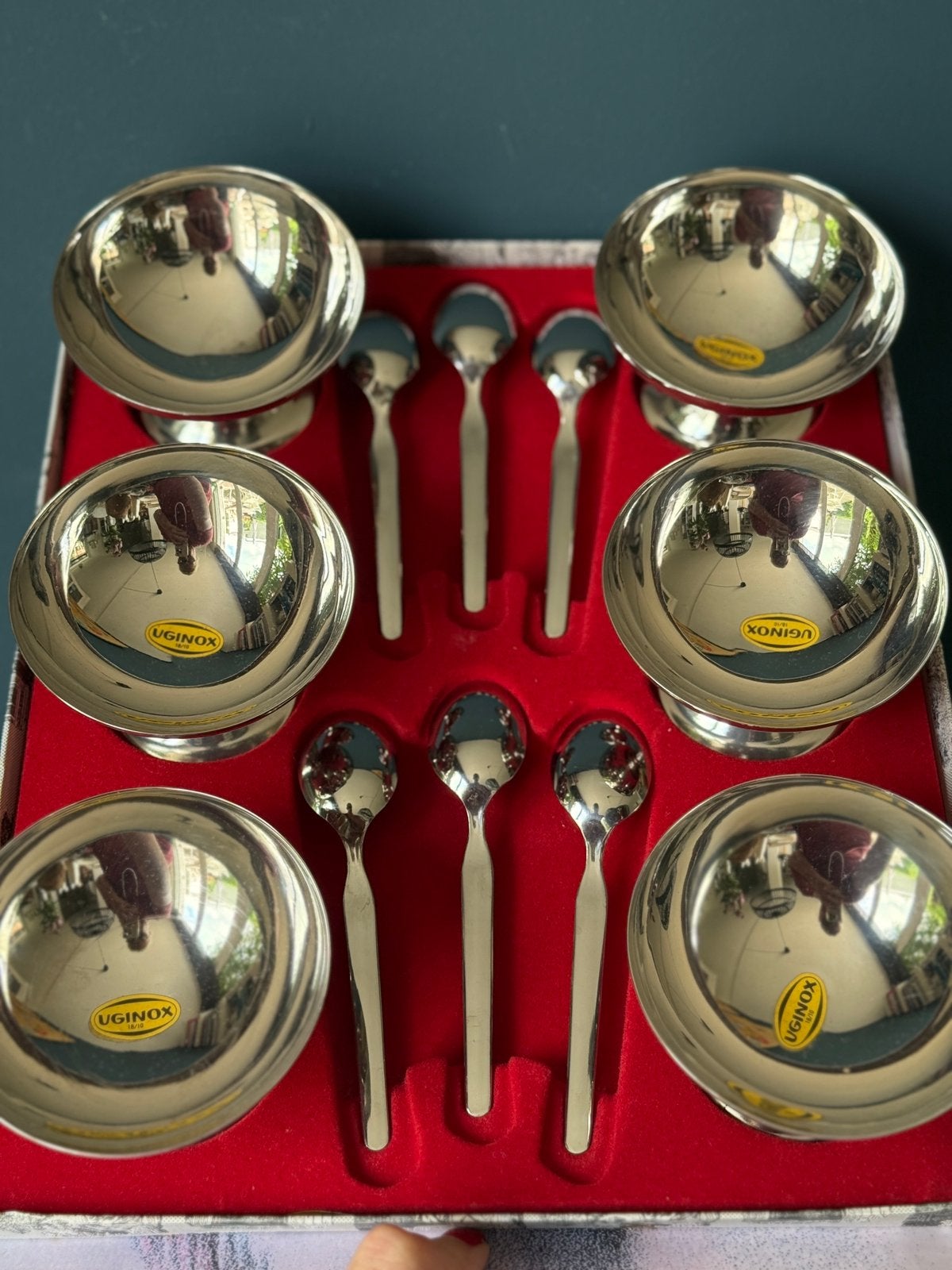 Uginox luxe vintage set van 6 coupes en lepels, Ophalen of Verzenden, Overige materialen, Overige stijlen