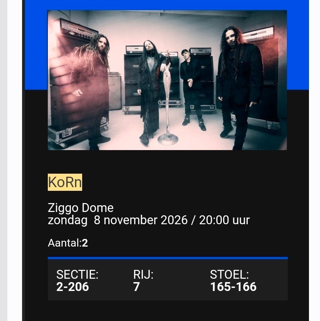2 tickets KoRn Ziggo Dome 8 november 2026, Twee personen, November