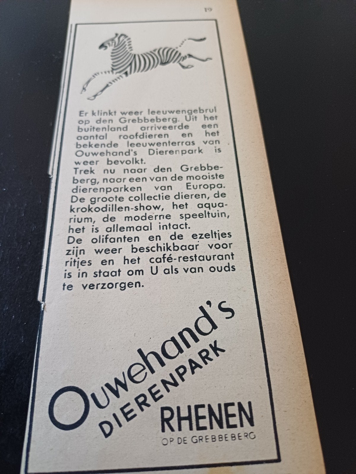 advertentie Ouwehand s dierenpark Rhenen zebra 1940, Verzamelen, Ophalen of Verzenden, Zo goed als nieuw, Insect, Beeldje of Figuurtje