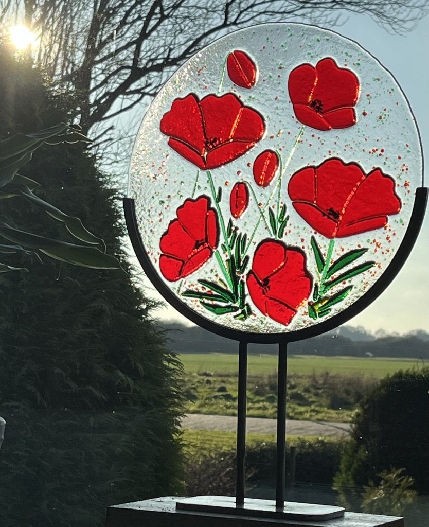 Klaproos rood glasfusing ijzer staander cirkel glasobject, Ophalen of Verzenden, Nieuw