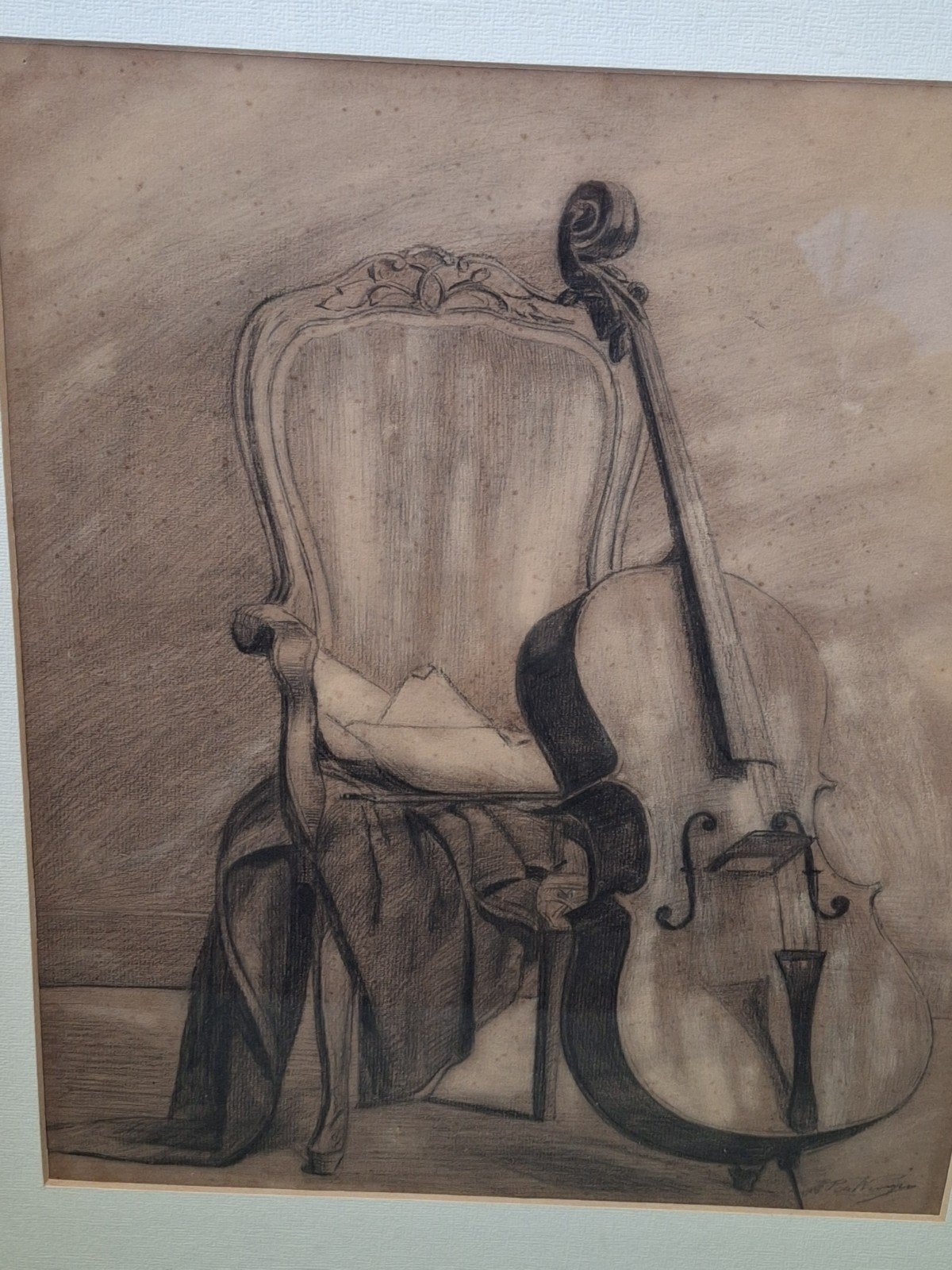 CELLO in interieur, tekening, gesigneerd rechtsonder., Ophalen of Verzenden