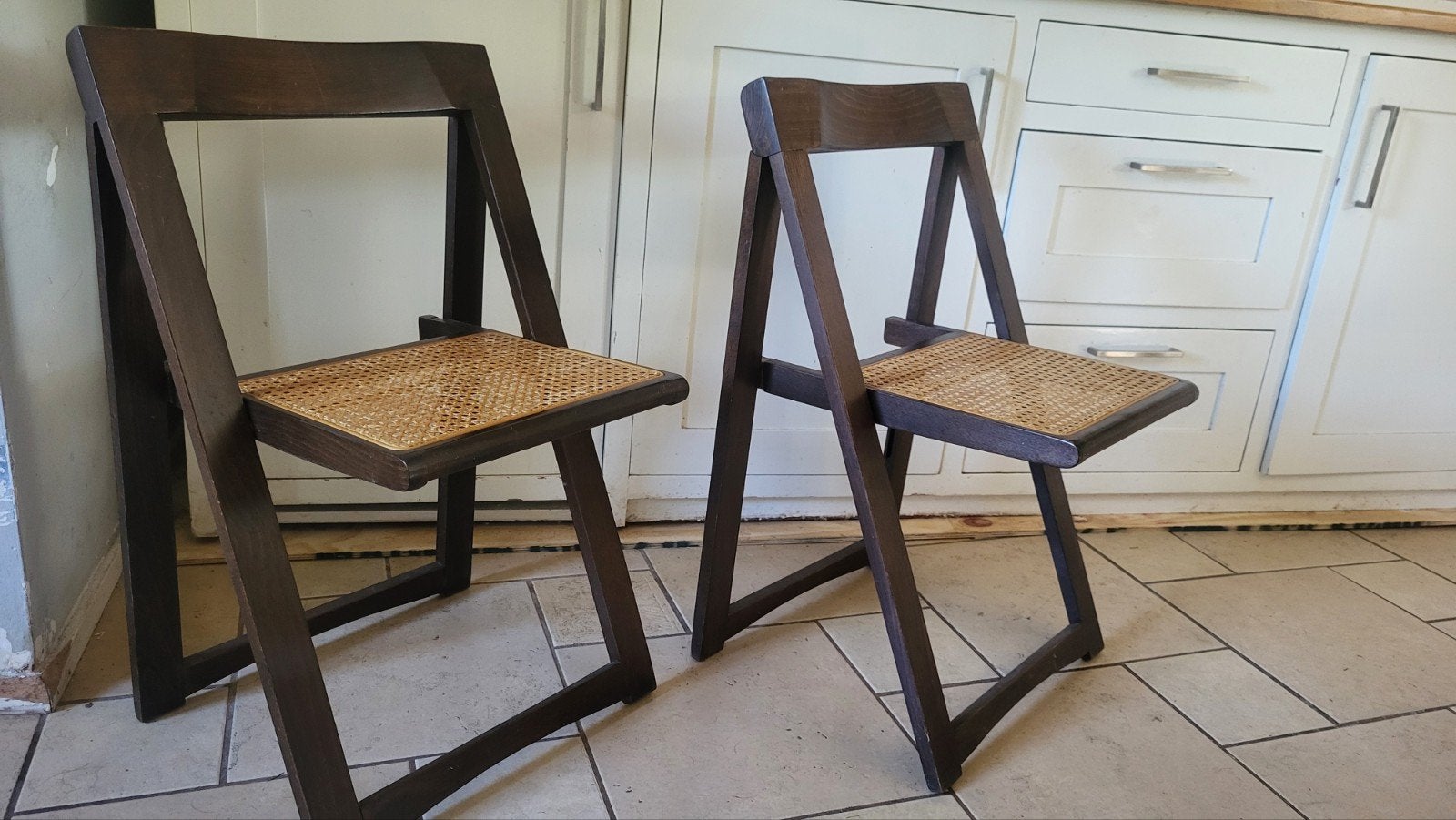Vintage webbing folding chairs design 1965, Ophalen, Twee, Bruin, Hout