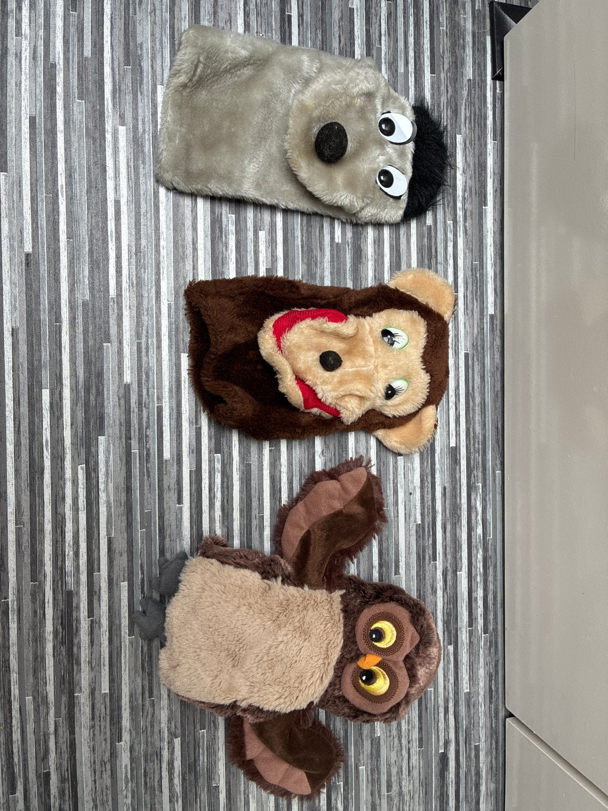 Set van 3 handpoppen: Uil, Aap en Hond/Koala, Gebruikt, Overige typen, Ophalen of Verzenden, Klein (minder dan 20 cm)