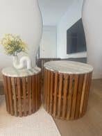 Set van 2 houten bijzettafels met marmeren blad, Ophalen, Minder dan 45 cm, Minder dan 55 cm, Rond