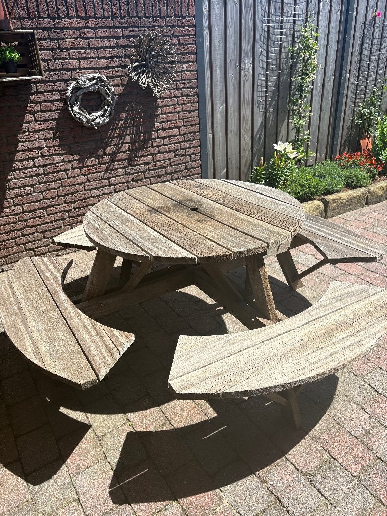Ronde 8 persoons picknicktafel, Tuin en Terras, Picknicktafels, Ophalen, Gebruikt, Rond, Hout