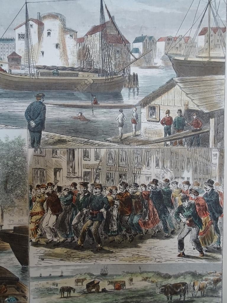 gravure kleur kermis Rotterdam trekschuit Engelse kerk 1882, Antiek en Kunst, Kunst | Etsen en Gravures, Dagelijks leven, 1800 - 1899