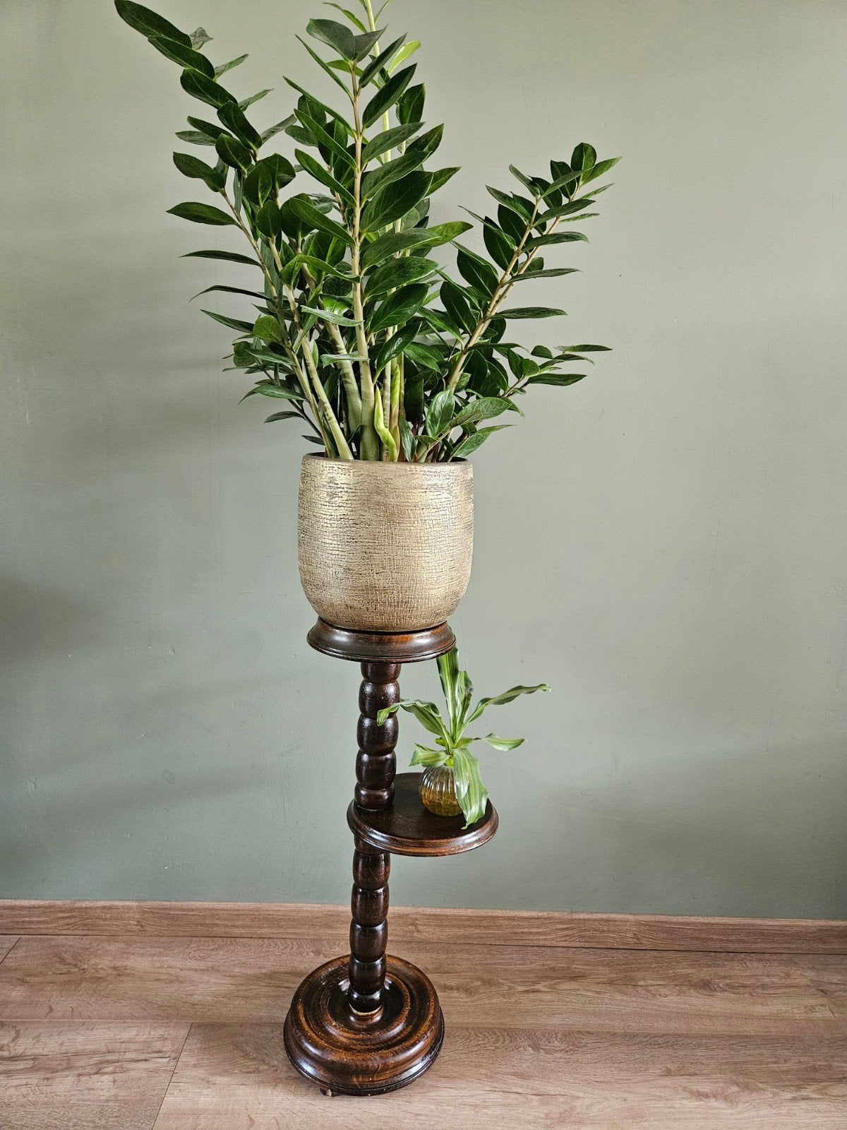 Vintage houten plantenstandaard met twee niveaus, Ophalen of Verzenden