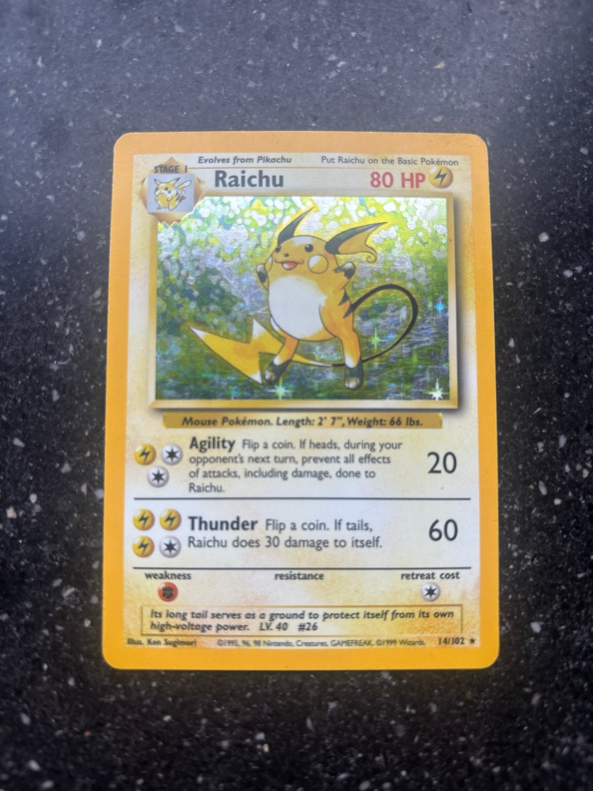 Raichu 14/102 Holo Foil Pokémon kaart Base Set, Ophalen of Verzenden, Gebruikt, Losse kaart, Foil