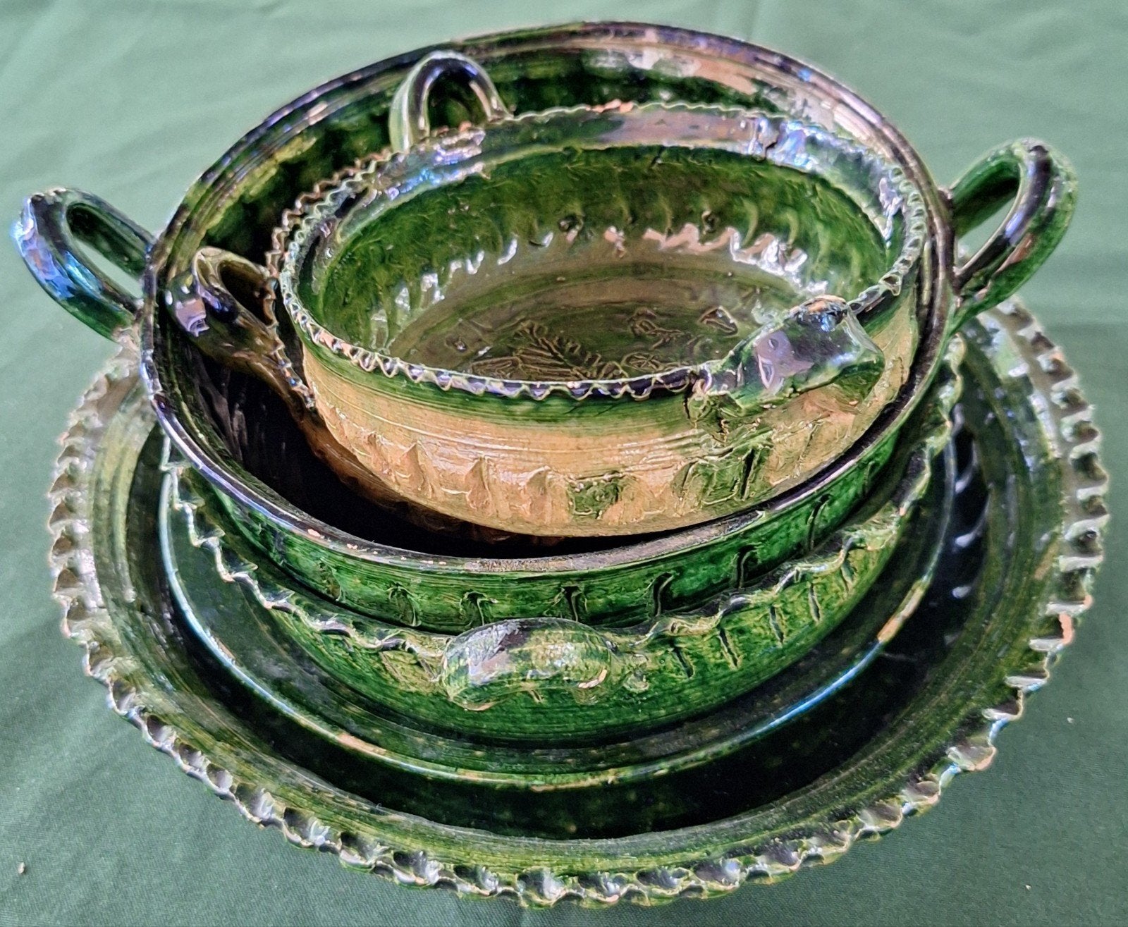 Groen geglazuurde 6-delige schalenset, dierfiguren bloemen, Huis en Inrichting, Keuken | Servies, Ophalen of Verzenden, Overige stijlen