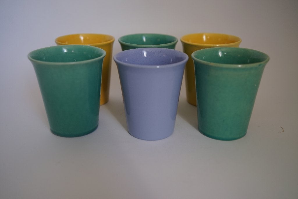 vintage 6x beker erica aardewerkfabriek groen geel paars '50, Gebruikt, Overige typen, Ophalen of Verzenden, Overige stijlen