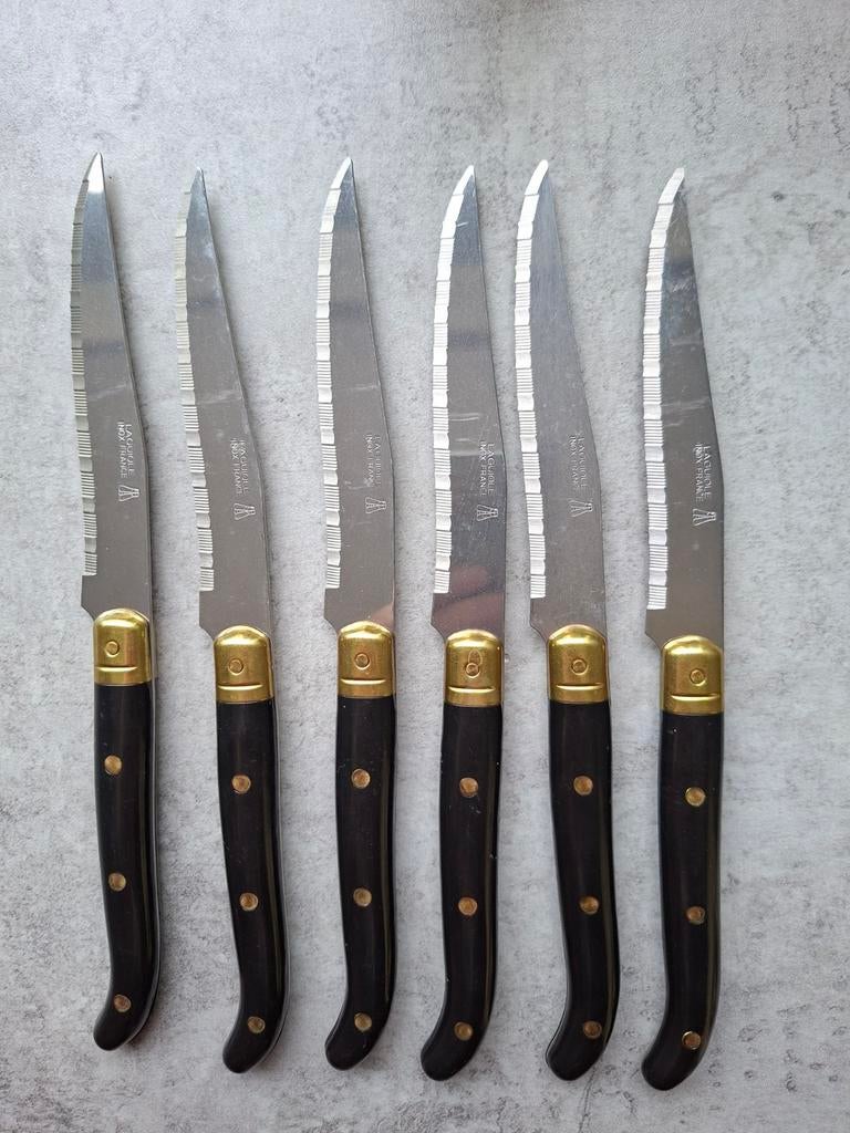 Laguiole steakmessen set van 6 - Zwart/koper, Huis en Inrichting, Keuken | Bestek, Gebruikt, Onbekend, Laguiole, Ophalen of Verzenden