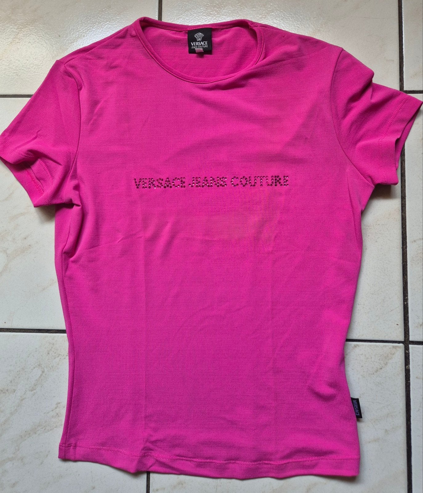 Versace T-shirt met strass steentjes, Maat 38/40 (M), Verzenden, Zo goed als nieuw, Roze