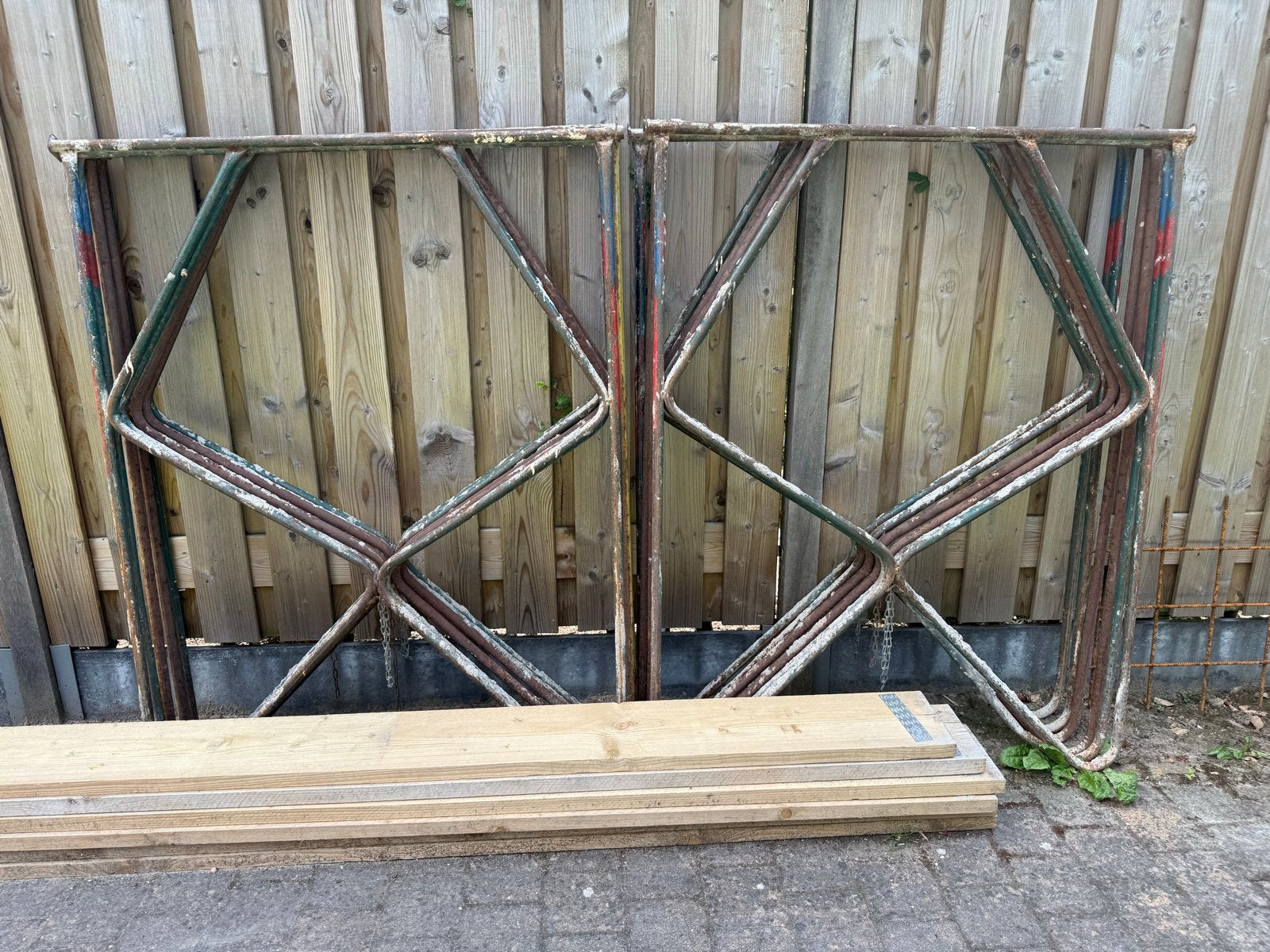 6 Metselschragen en 6 planken steigerhout 5 meter, Doe-het-zelf en Verbouw, Steigers, Ophalen, Gebruikt, Overige typen, Minder dan 2 meter