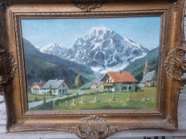 Idyllisch Alpenlandschap Olieverfschilderij met Baroklijst, Ophalen of Verzenden
