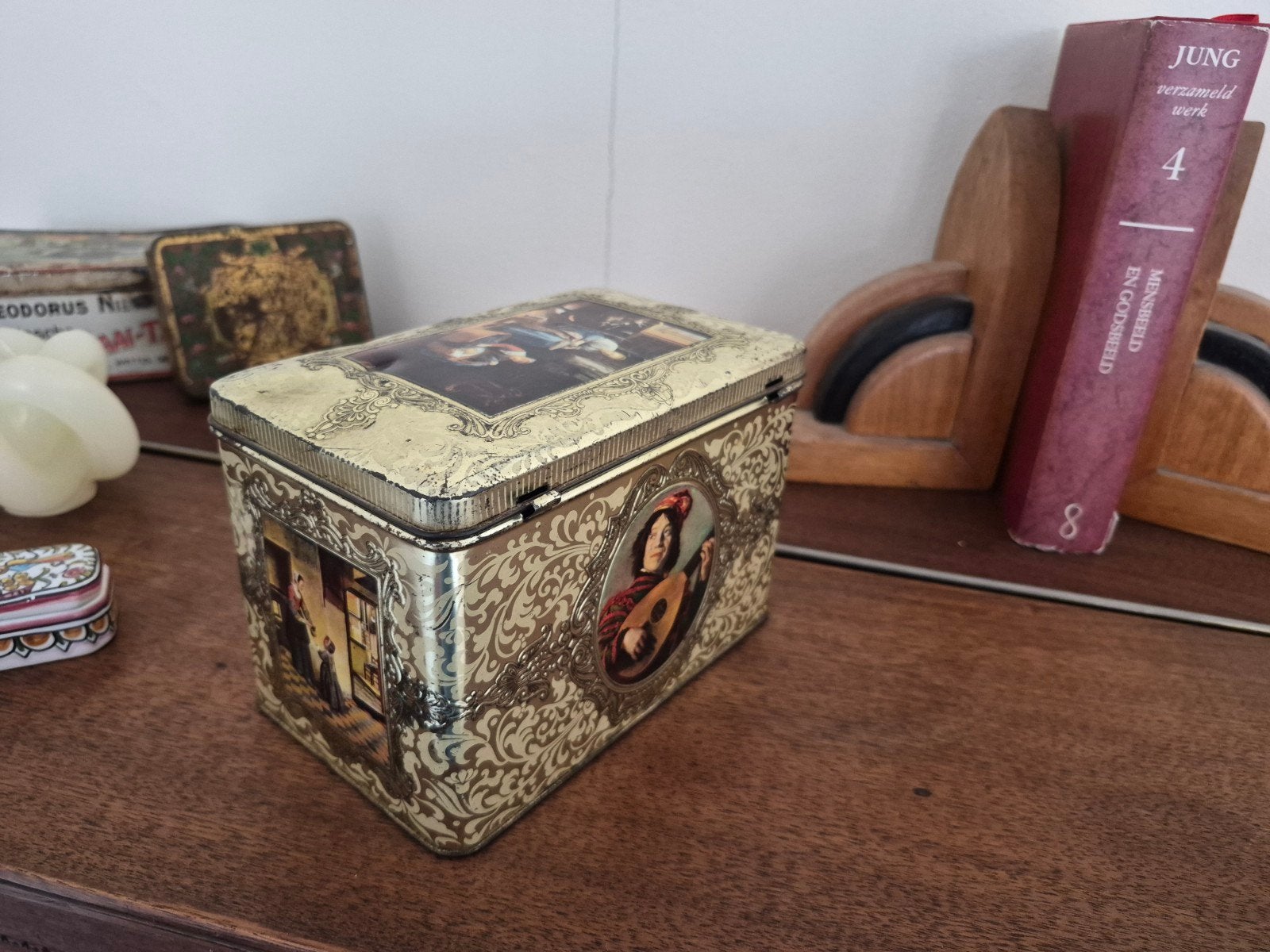Antieke / Vintage Blikken Koektrommel met Klassieke Print, Ophalen of Verzenden