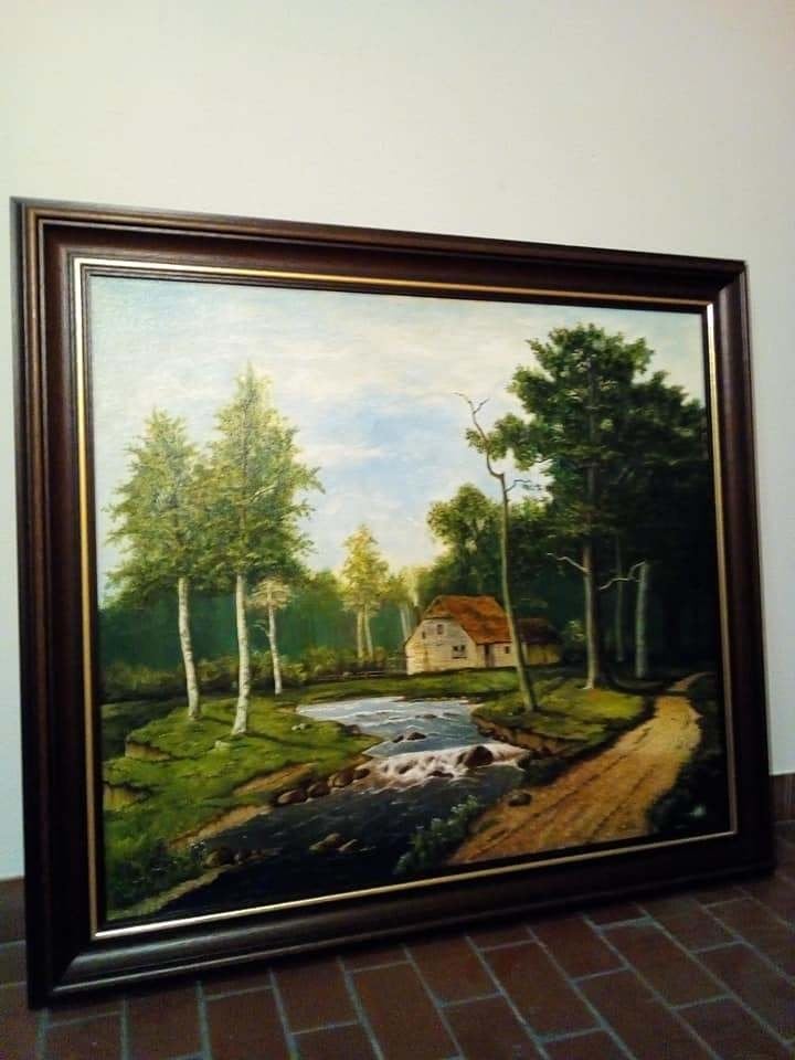 Olieverfschilderij - bostafereel met beek, Oorspronkelijke maker, Ophalen of Verzenden, Zo goed als nieuw, Schilderij