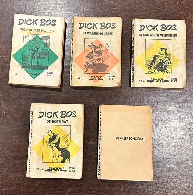 Unieke Dick Bos boekjes 31, 32, 37, 45 en 53 uit 1963, Boeken, Stripboeken, Alfred Mazure , Meerdere stripboeken, Ophalen, Gelezen