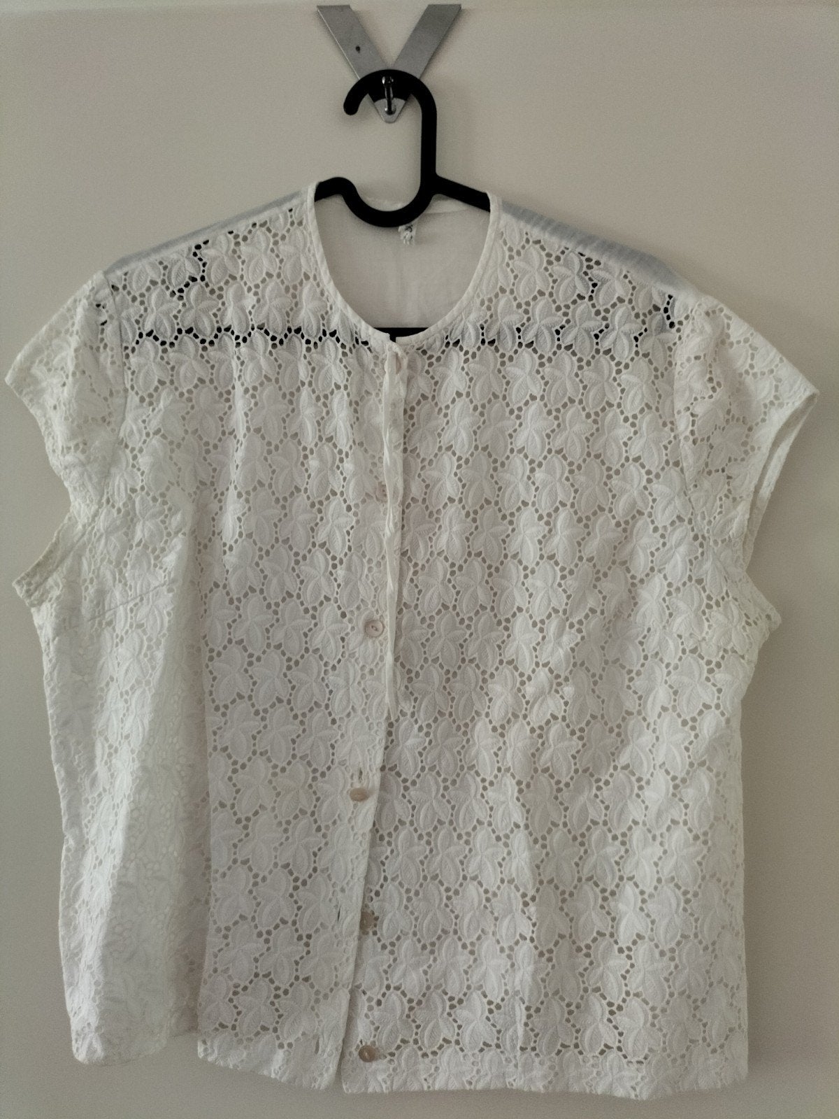 Vintage witte kanten blouse met korte mouwen, Ophalen of Verzenden, Gedragen, Maat 38/40 (M), Wit