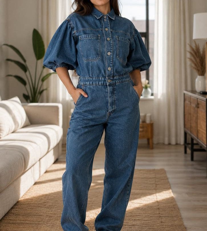 My Jewellery denim jumpsuit met pofmouwen, Ophalen of Verzenden, Zo goed als nieuw, Maat 42/44 (L), Blauw