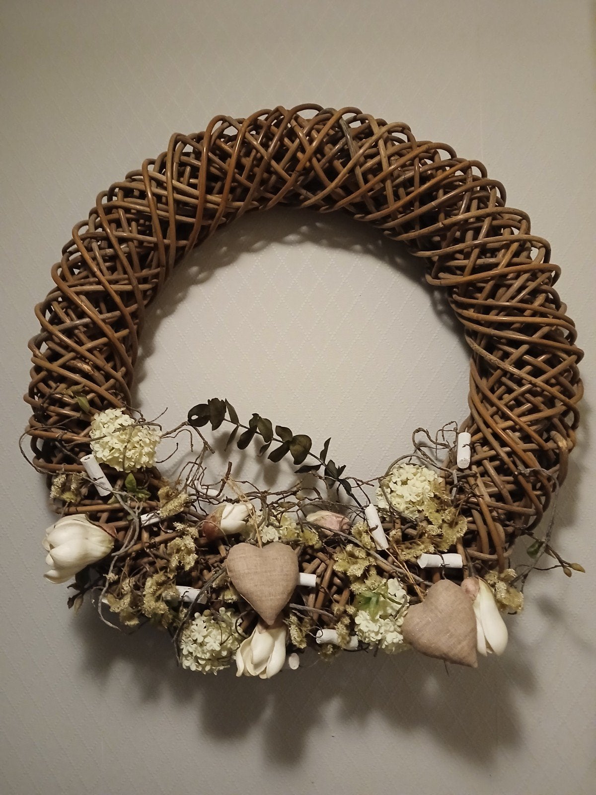 Decoratieve Krans met Natuurlijke Materialen en Harten, Ophalen of Verzenden, Zo goed als nieuw, Krans, Natuurlijk materiaal