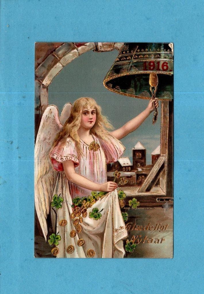 Sublieme oude kerstkaart S841 -  Engel luidt kerstklok, Verzenden, Voor 1920, Gelopen, Feest(dag)