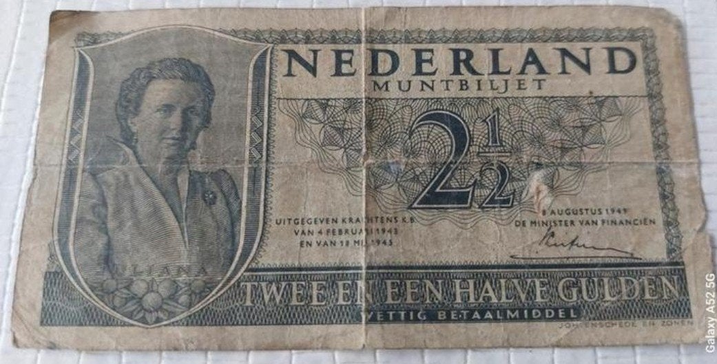 Zeldzaam Nederlands Muntbiljet 2½ Gulden Juliana (1943), Ophalen of Verzenden, 2½ gulden, Los biljet