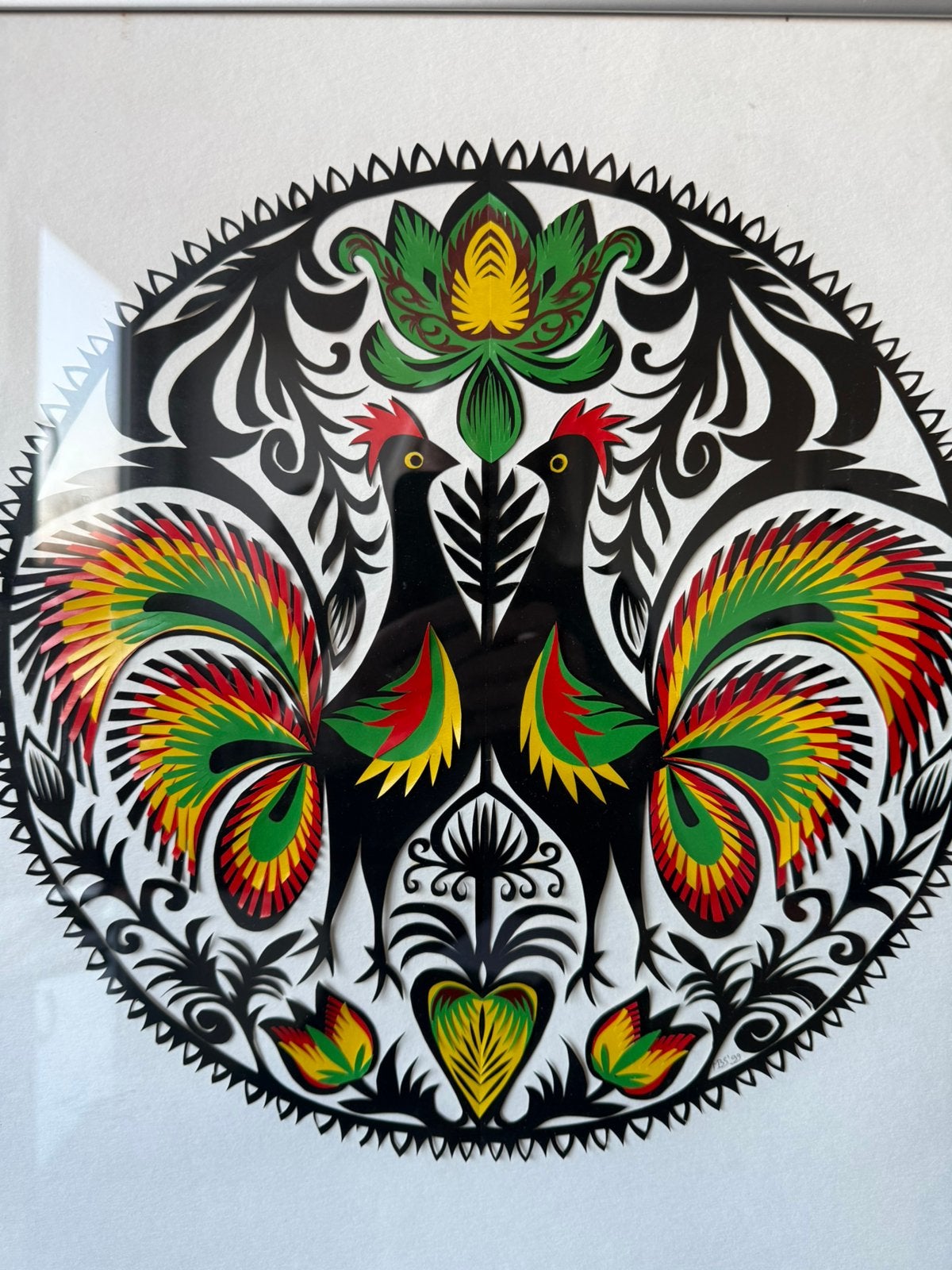 Poolse Knipkunst ingelijst Polen Wycinanki Lowicz, Papier/karton, Decoratieobject, Ophalen of Verzenden, Zo goed als nieuw