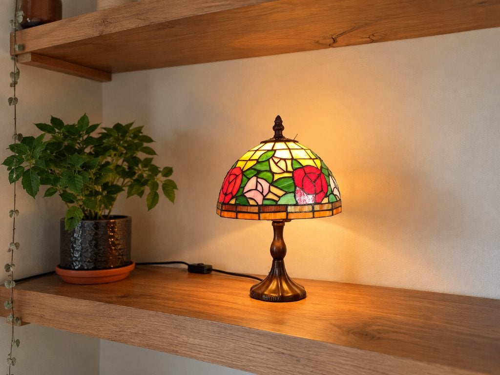 Tiffany stijl tafellamp met rozenmotief glas in lood, Tiffany lamp, 28 cm, E14 (klein), Met kap
