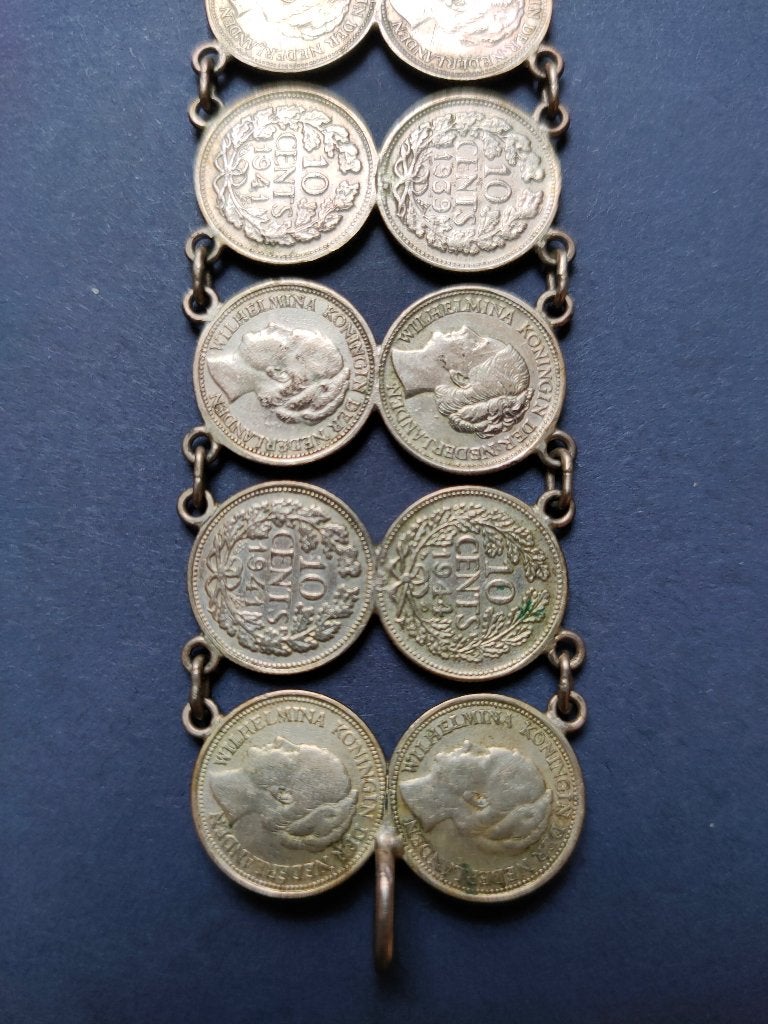 Wilhelmina dubbeltjes armband, dubbele rij., Ophalen of Verzenden, Gebruikt, Zilver, Zilver