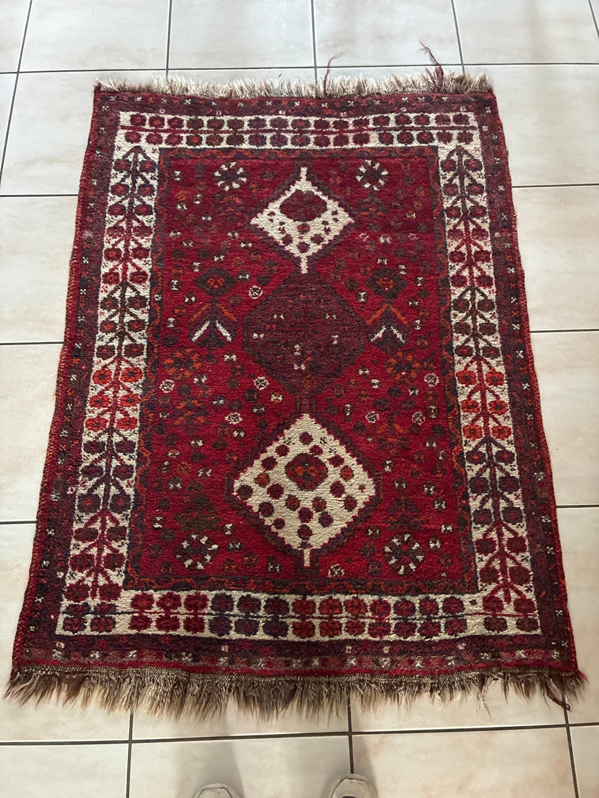 Vintage rood tapijt 110x143 cm - Handgeknoopt, Gebruikt, 100 tot 150 cm, Ophalen of Verzenden, Rechthoekig