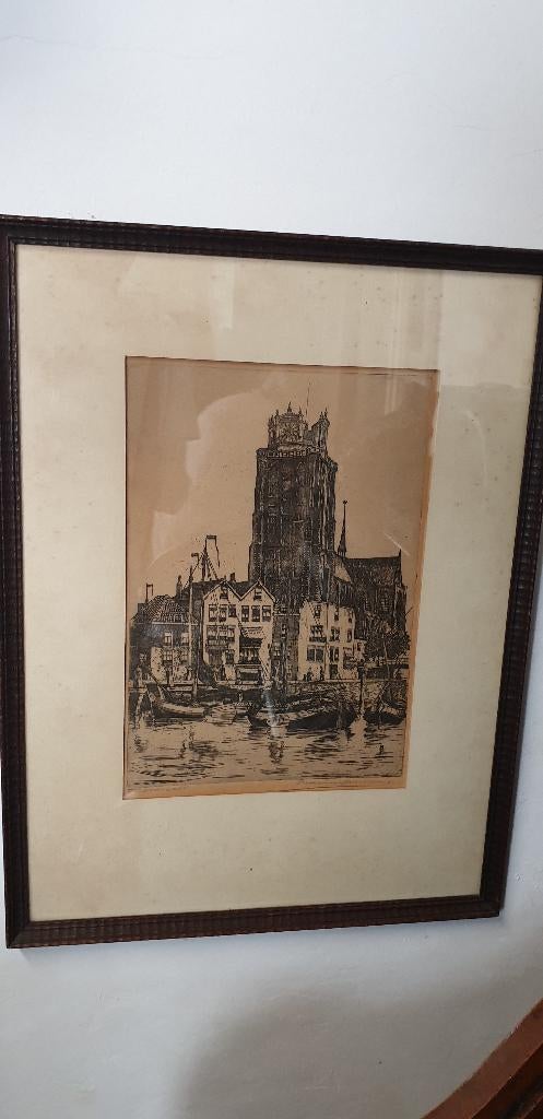 Ets? Tekening? Onze lieve Vrouwekerk Dordrecht, Ets, Stadsgezicht, 57 cm, 43 cm