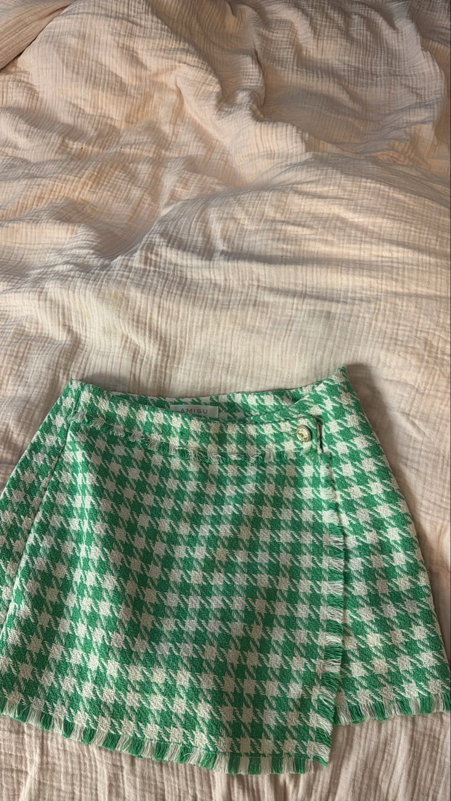 AMISU Groen/Wit Houndstooth Minirokje, Ophalen of Verzenden, Zo goed als nieuw, Maat 36 (S), Boven de knie