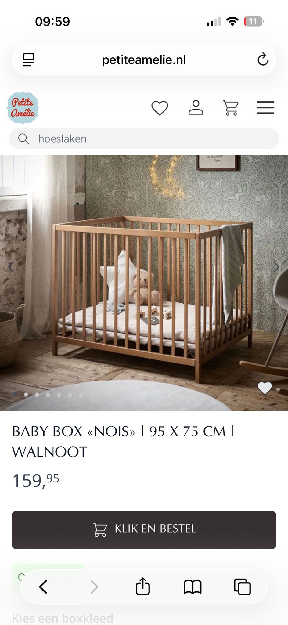 Baby Box Walnoot petite amelie 95 x 75 cm, Ophalen, Zo goed als nieuw, Rechthoekig, Wieltjes