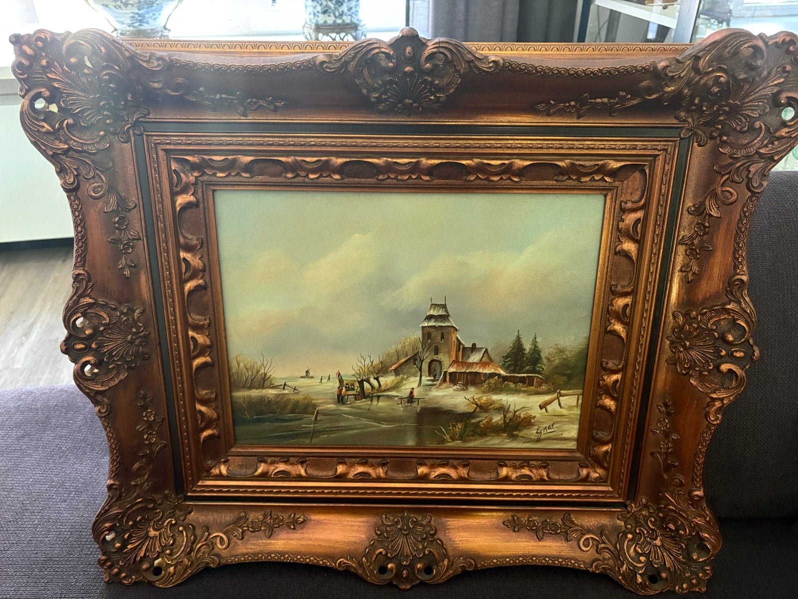 Schilderij Klassiek winterlandschap met zware baroklijst, Ophalen, Doek, Bijzondere lijst, Landschap