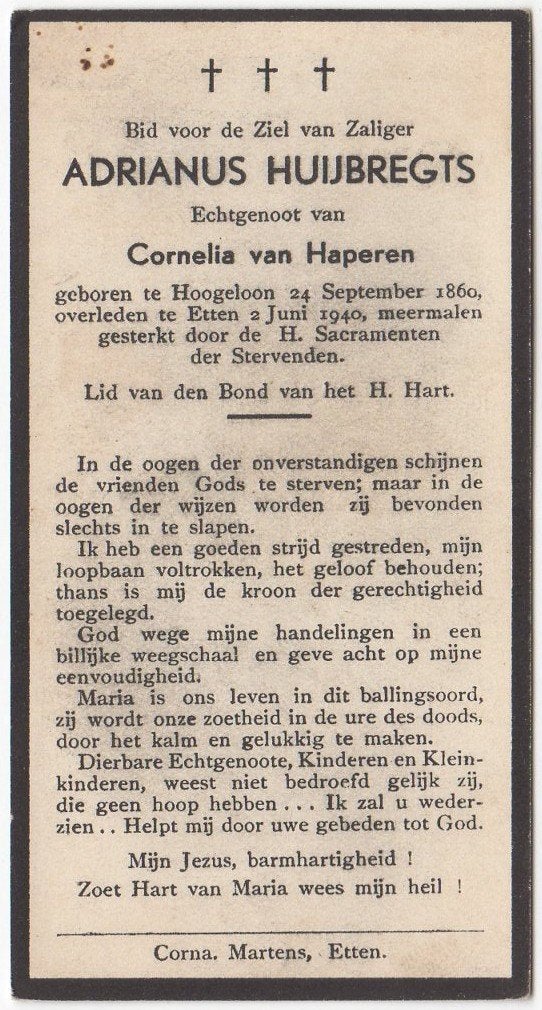 Adrianus Huijbregts 1860 Hoogeloon + 1940 Etten, 79 jaar oud, Verzenden