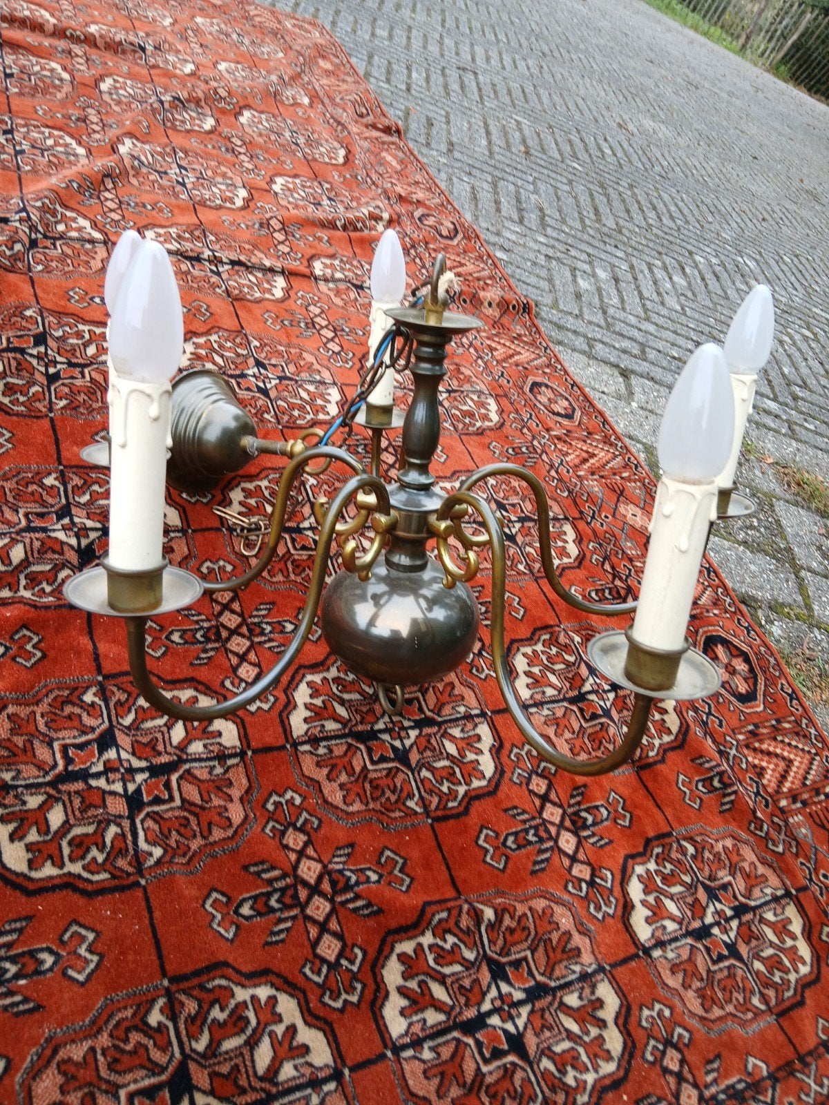 kroonluchter  oud koper 5 lampen, Ophalen, Gebruikt, Metaal, E14 (klein)