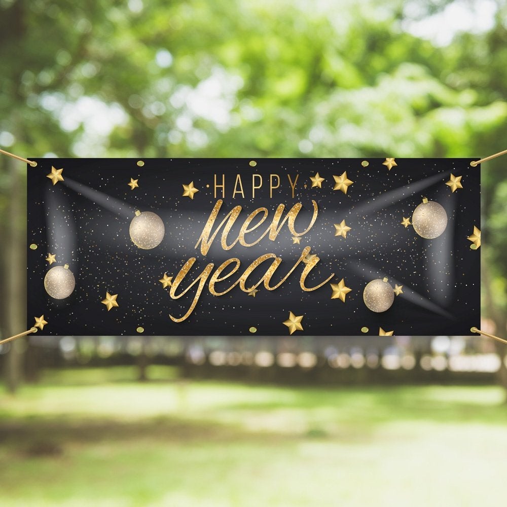 Spandoek ‘Happy New Year’  Gouden ballen en sterren 150x50cm, Ophalen of Verzenden, Nieuw, Versiering, Overige