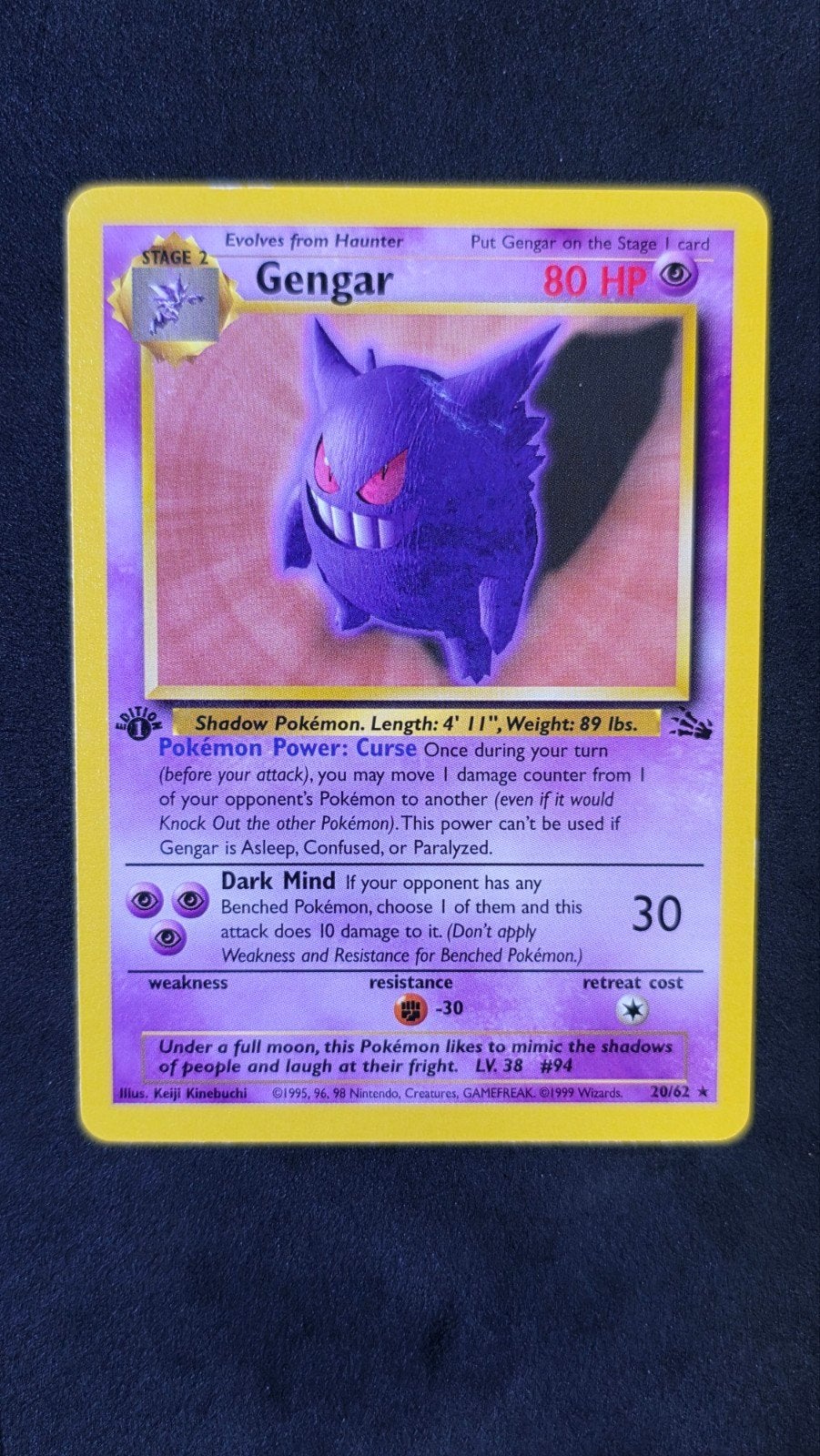 Gengar Non-Holo 1st Edition Fossil Pokémon Kaart, Ophalen of Verzenden, Zo goed als nieuw, Losse kaart
