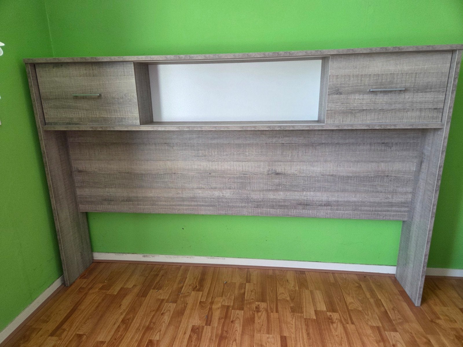 Bedkast met opbergruimte en lades - Grijs hout, Ophalen, Gebruikt, Tweepersoons, Overige maten