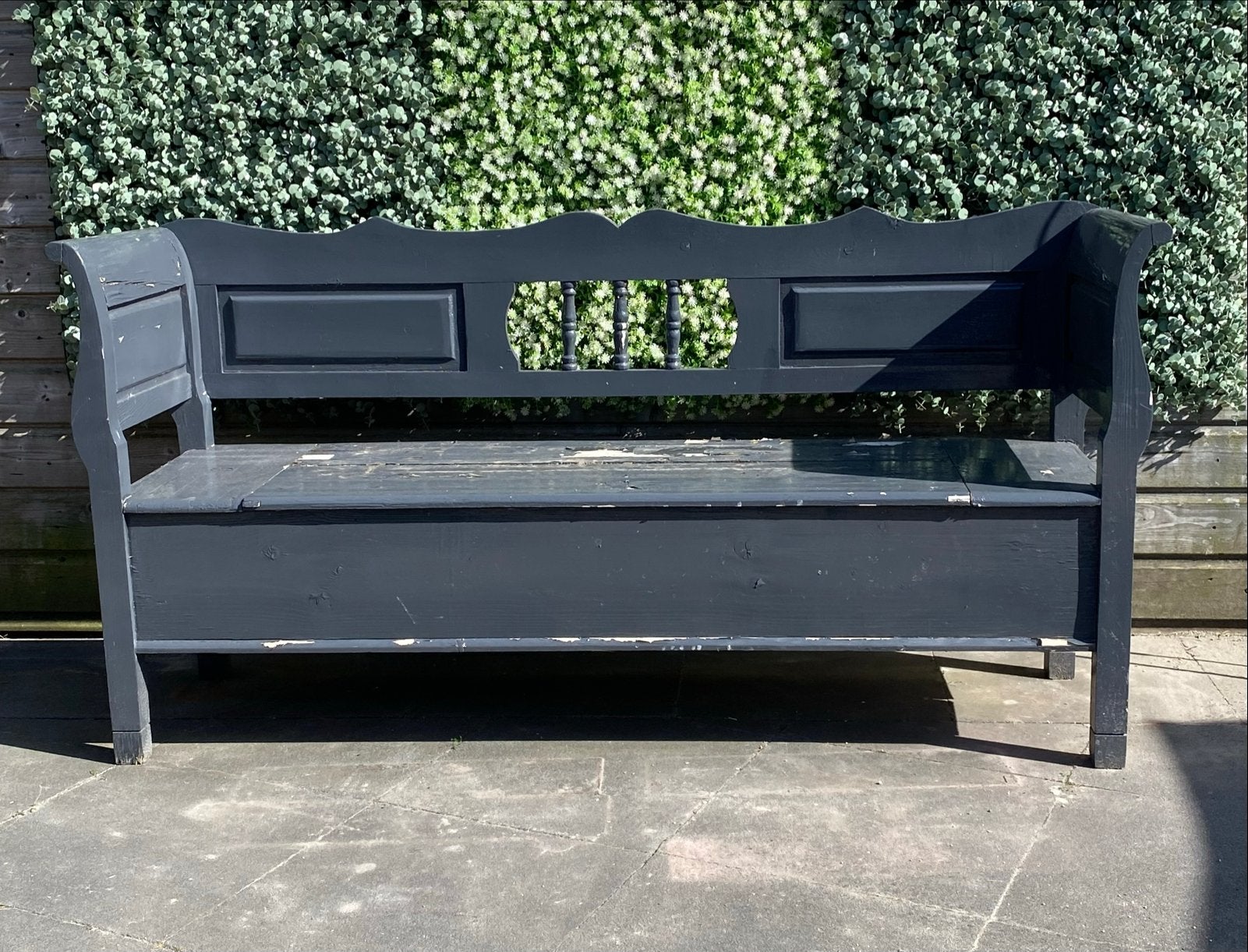 Houten bank met opbergruimte - Donkergrijs - GRATIS, Ophalen, Gebruikt, 150 tot 200 cm, Driepersoons
