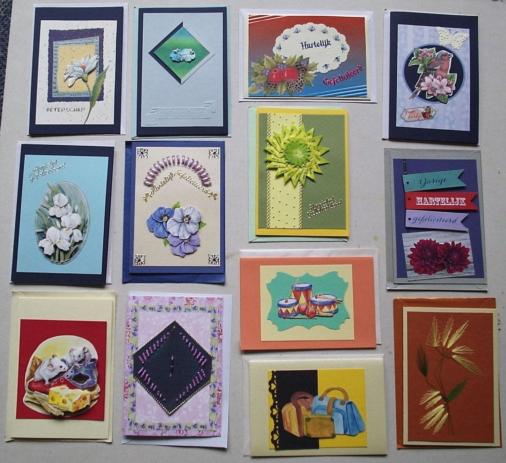 Set 25x zelfgemaakte wenskaarten. Diverse tekst + blanco (Z), Hobby en Vrije tijd, Kaarten | Zelfgemaakt, Verzenden, Nieuw, Overige thema's