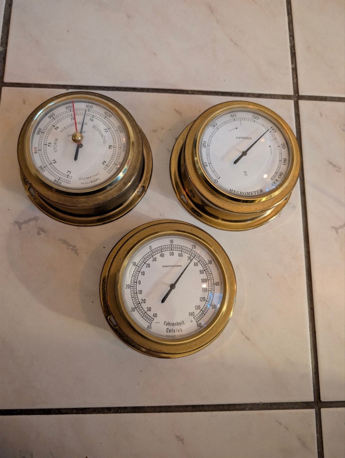 Vintage Barometer, Hygrometer en Thermometer Set - Messing, Ophalen of Verzenden, Gebruikt, Weerstation