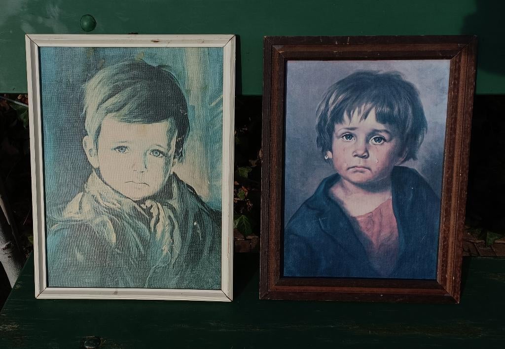 Mid century schilderij Huilende jongen Bragolin (Crying boy), Minder dan 50 cm, Gebruikt, Ophalen of Verzenden, Schilderij