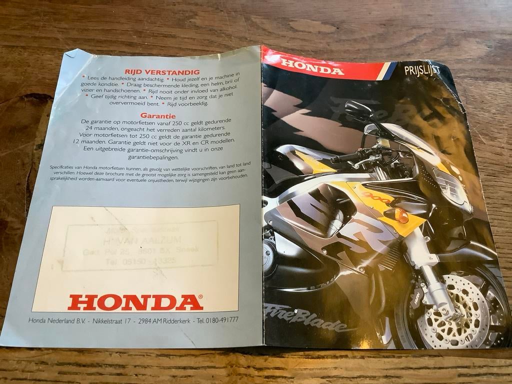 Honda prijslijst motoren oktober 1995.        (22), Motoren, Handleidingen en Instructieboekjes, Verzenden, Honda