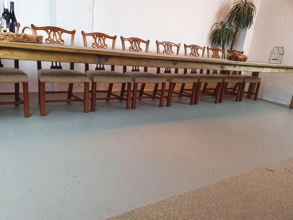 Grote unieke franse kloostertafels smalle lange tafels, Teakhout, 200 cm of meer, Ophalen of Verzenden, Zo goed als nieuw