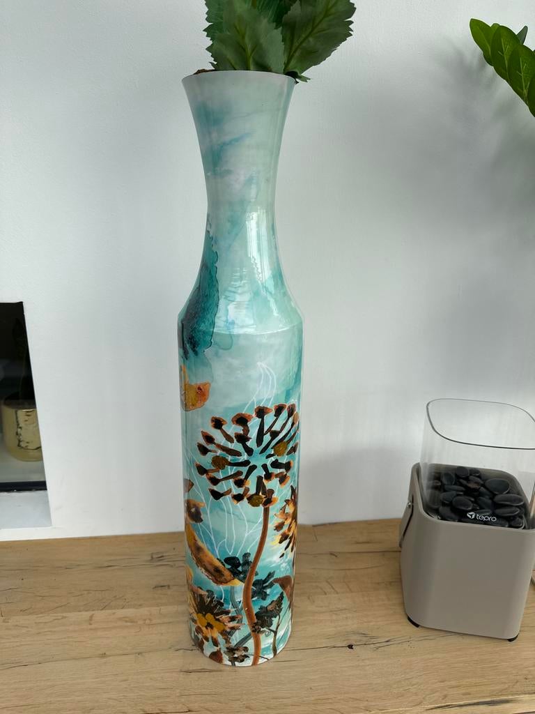 Aqua blauwe vaas - 72 cm hoog, Huis en Inrichting, Woonaccessoires | Vazen, 50 tot 75 cm, Blauw, Ophalen of Verzenden, Glas