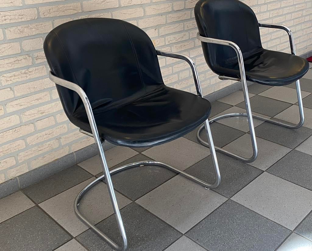 Vintage Gastone Rinaldi Italian design stoelen 70/80, Huis en Inrichting, Gebruikt, Twee, Bruin, Leer