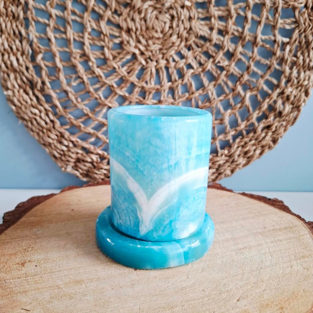 Blauwe (turquoise) waxinelichthouder van natuursteen, Overige materialen, Blauw, Ophalen of Verzenden, Zo goed als nieuw